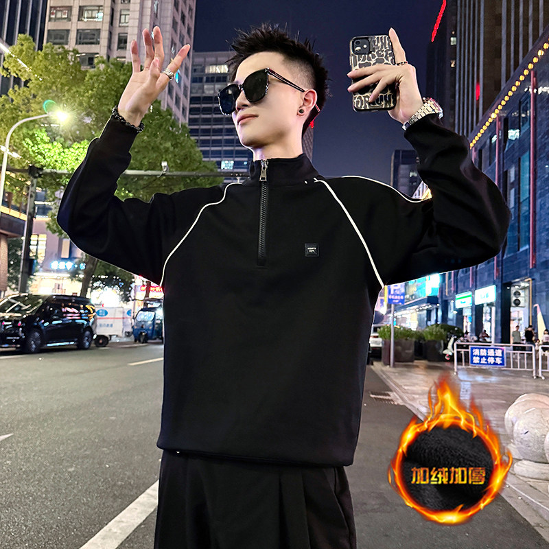 B158加绒/P73 薄款68控98不对称压条半拉链加绒卫衣长袖男1图片