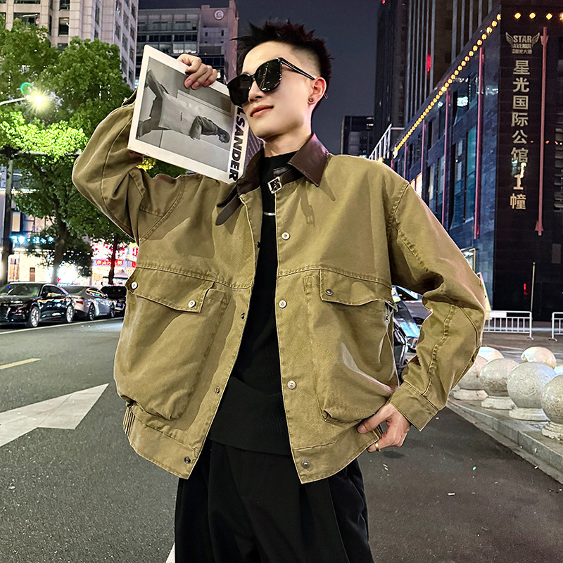 J166/P138控178潮牌皮领日系纯棉水洗工装帅气小伙上衣夹克2,男装夹克,电商A256