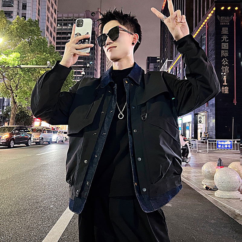 J108/特P128控168痞帅小伙翻领牛仔拼接假两件夹克帅气外套男黑1，男装夹克，电商A256