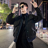 J108/特P128控168 痞帅小伙翻领牛仔拼接假两件夹克帅气外套男黑1,男装夹克,电商A256, J108/特P128控168 痞帅小伙翻领牛仔拼接假两件夹克帅气外套男黑1,男装夹克,电商A256,