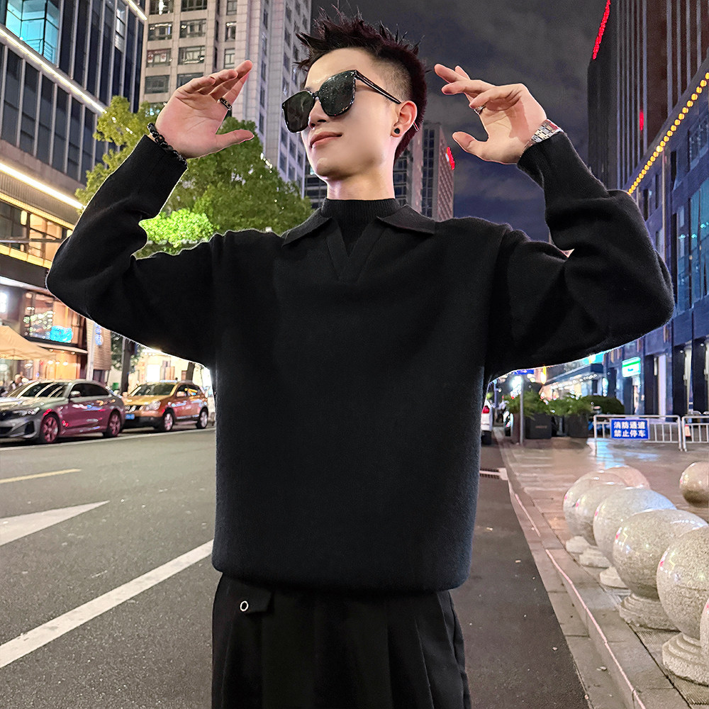 MC206/P88控118假两件双领毛衣帅气简约纯色百搭针织打底衫男4,男装T恤,电商A256