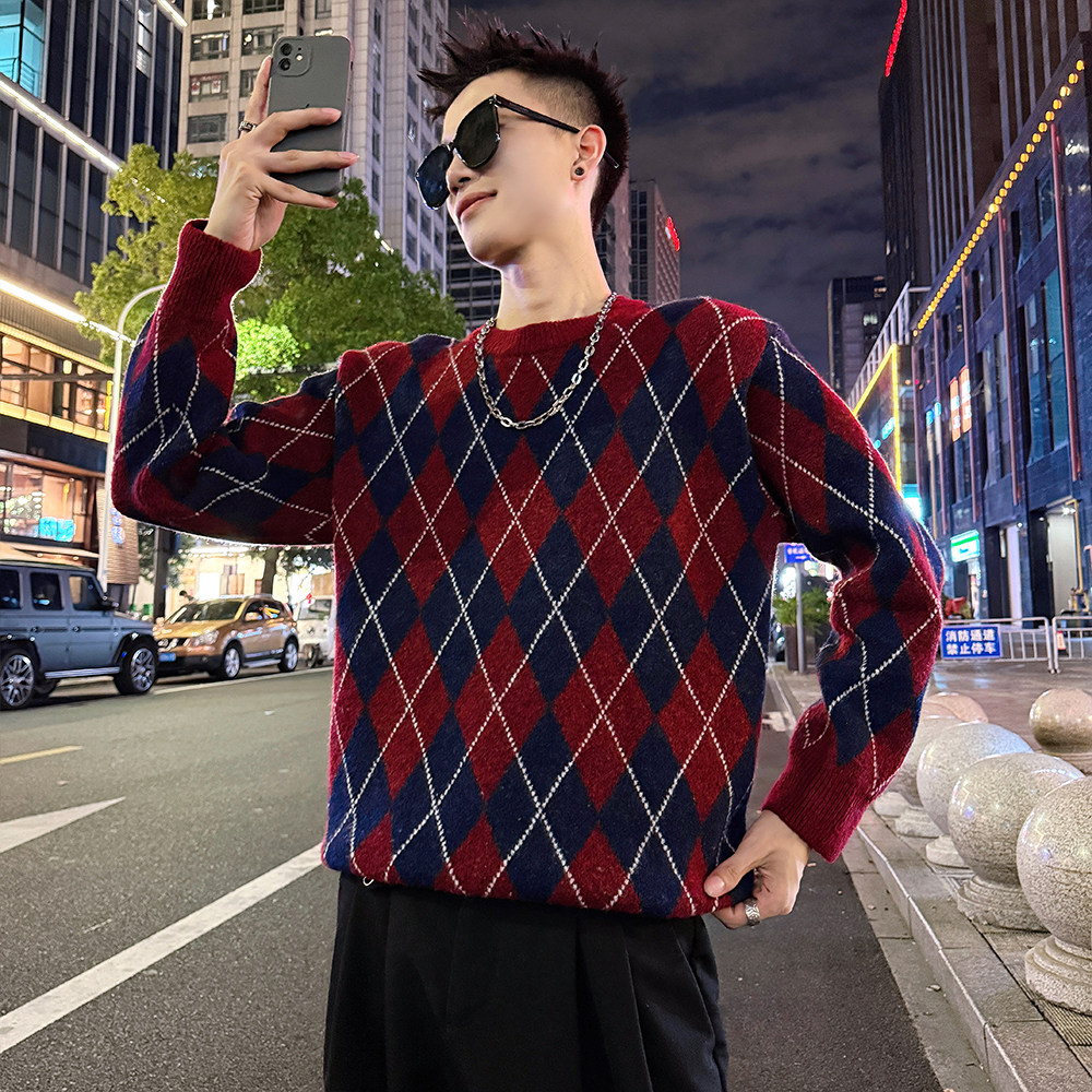 MC207/P68控98撞色菱形格毛衣帅气简约帅气针织打底衫男2,男装T恤,电商A256