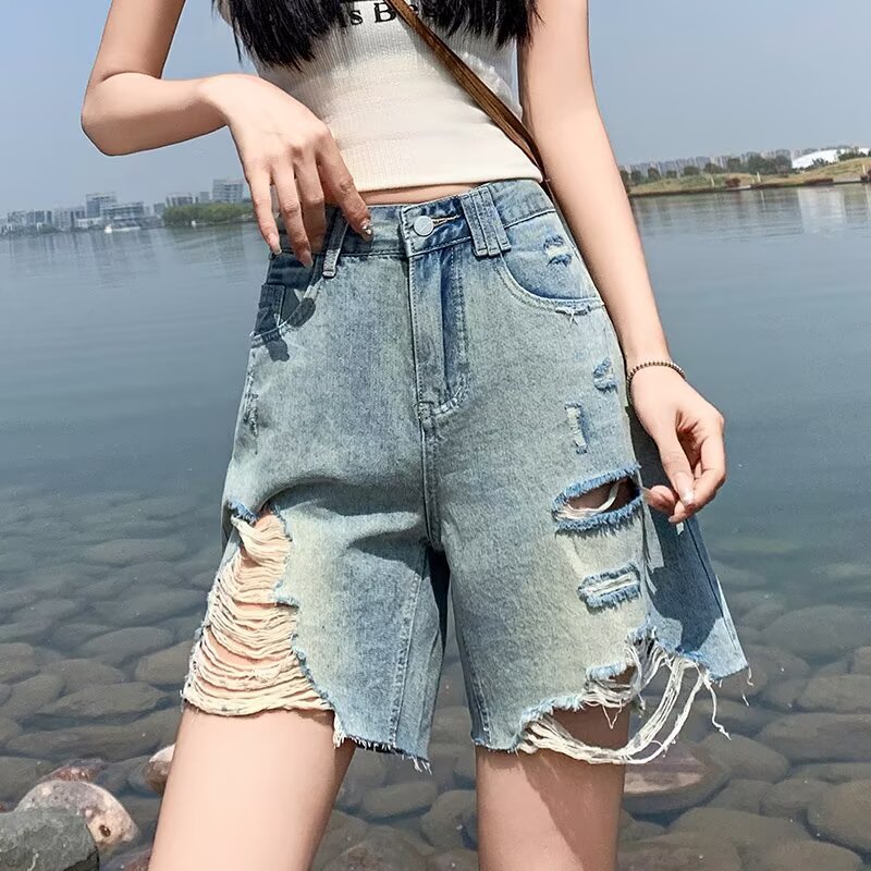 破洞五分牛仔短裤女夏季薄高腰宽松复古毛边磨破辣妹阔腿5分裤子