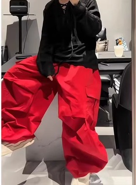 红色jazz辣妹工装裤女爵士跳舞穿搭薄款宽松街舞裤hiphop休闲套装