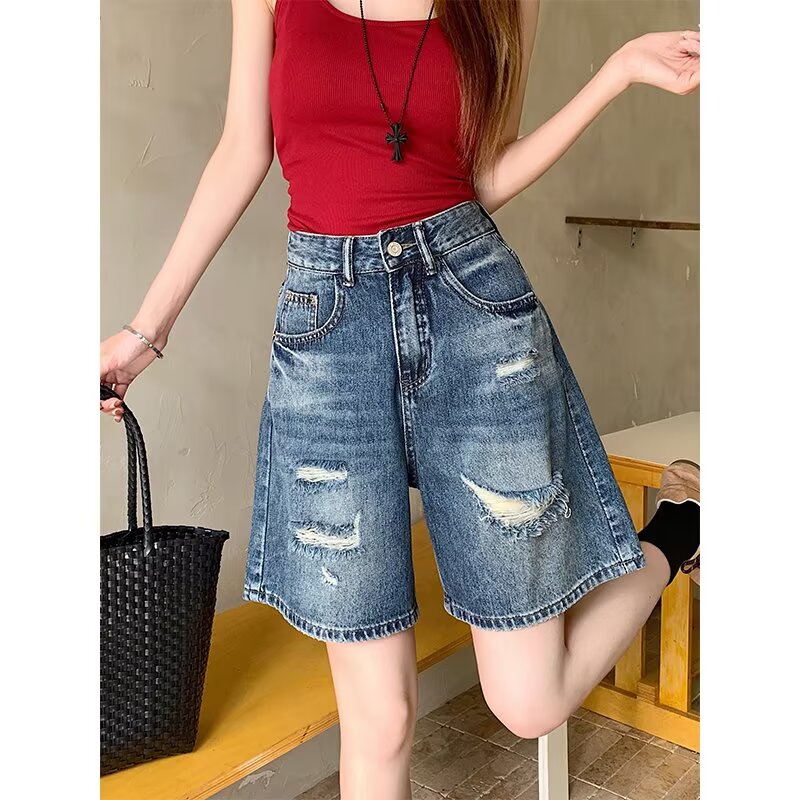 大码复古破洞a字牛仔短裤女夏季胖mm高腰显瘦直筒阔腿五分中裤子
