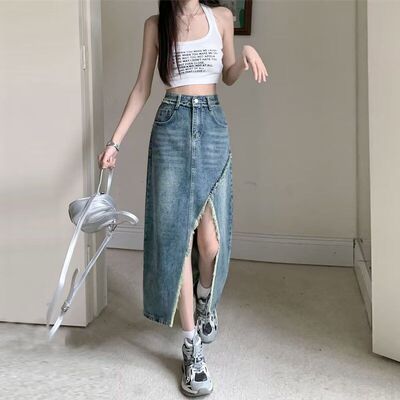 牛仔半身裙女网红ins潮开叉毛边a字直筒复古高腰不规则包臀中长裙