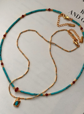 天然红玛瑙绿松色石串珠毛衣项链配饰女秋冬叠戴高级感锁骨链颈链