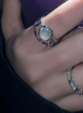 双层不规则熔岩戒指女轻奢小众设计感单排满钻交叉指环褶皱食指