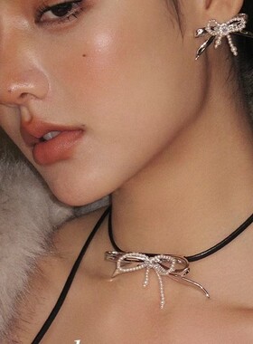 【王玉雯同款】Boonee alus蝴蝶结珍珠皮绳项链女长款choker颈链