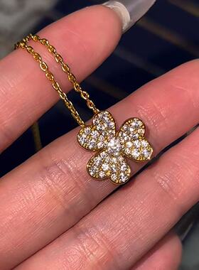 真金24K电镀强保色经典幸运三叶草项链满钻花瓣花朵项链轻奢小众