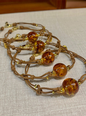 花珀手链美拉德棕色皮绳手绳中式民族风手链精致圆珠手绳花珀手链