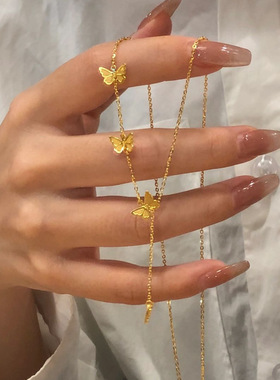 新中式幻境之蝴蝶流苏项链女款吊坠甜美拉丝镭射金蝴蝶套链锁骨