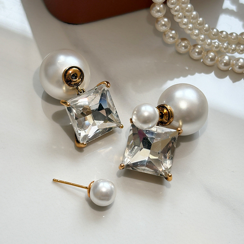 适合圆脸的经典大小珍珠方钻耳钉2025新款耳环气质轻奢高级感