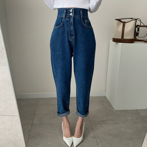 2粒扣哈伦牛仔裤女韩国复古水洗高腰直筒修身显瘦卷边九分萝卜裤