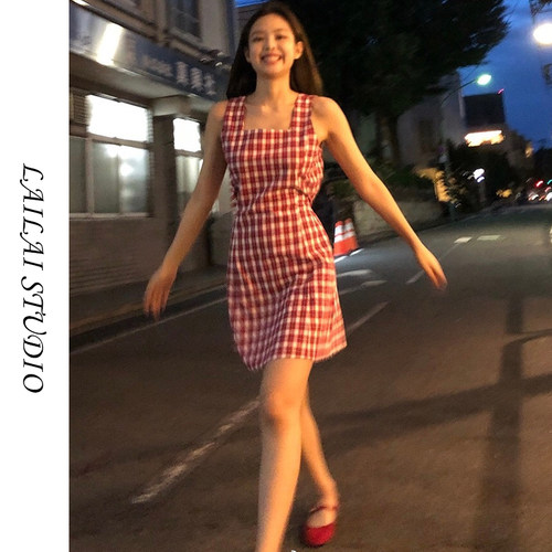 复古学院风红色格子吊带裙