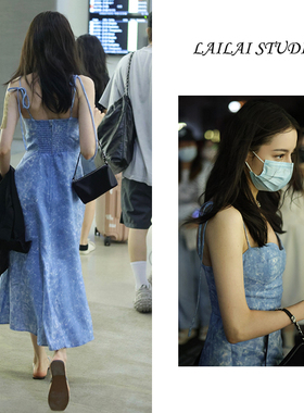 2025新款女装迪丽热巴明星同款长裙女法式复古花色高腰吊带连衣裙