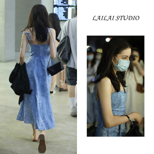 2026新款女装迪丽热巴明星同款长裙女法式复古花色高腰吊带连衣裙