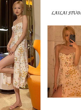 blackpink rose朴彩英明星同款长裙女法式复古纯欲吊带碎花连衣裙