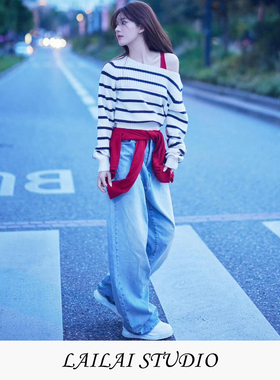 2025秋冬新款赵露思明星同款黑白条纹毛衣女宽松慵懒风露肩针织衫