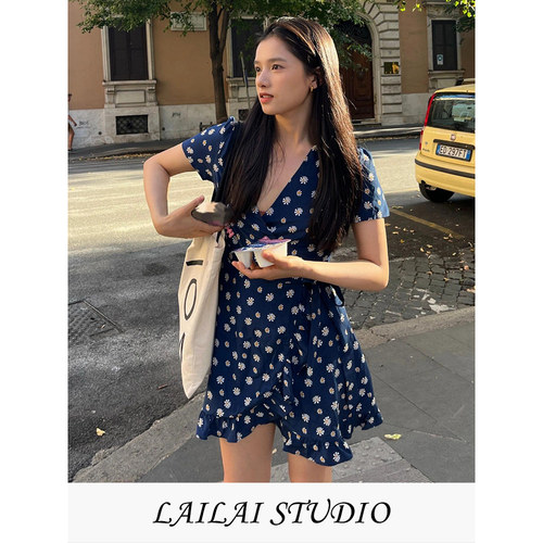 复古法式风蓝色雏菊碎花连衣裙