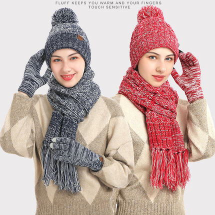 女帽子围巾手套三件套女百搭针织加绒围脖保暖加厚女套装一体秋冬