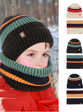 24秋冬季儿童帽子围脖手套三件套男童女童保暖加绒护耳毛线帽套装
