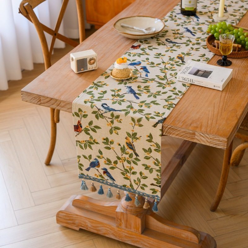 棉麻复古花鸟桌旗美式田园风长条餐桌布艺流苏提花茶几电视柜盖巾,居家布艺,桌旗,淘宝优惠券,粉丝福利购,淘宝优惠卷