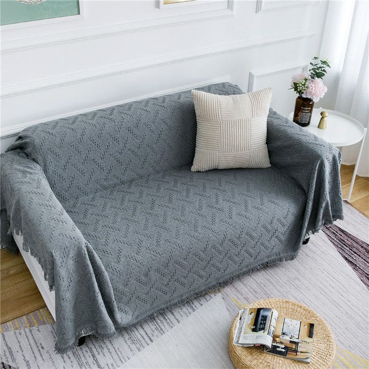 北欧时尚灰格子沙发巾现代简约棉线针织流苏沙发盖布四季通用盖毯