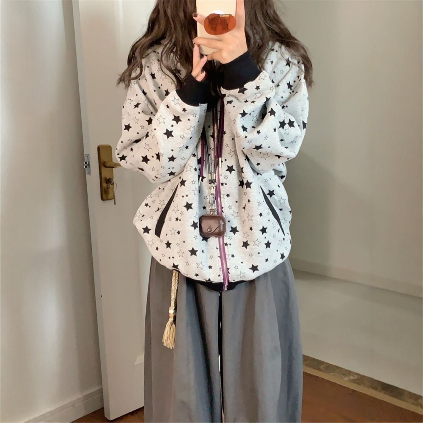复古星星满印灰色连帽卫衣外套女