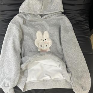 学院风可爱小兔kitty猫刺绣灰色连帽卫衣女秋冬加绒宽松韩系外套