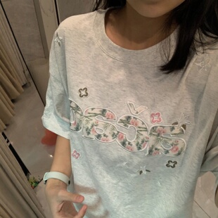 韩系灰色贴布刺绣字母短袖 设计感小众宽松纯棉别致上衣 T恤女夏季