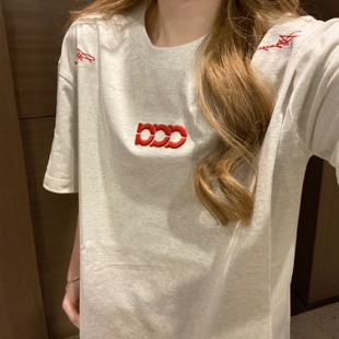 高街复古宽松圆领上衣 美式 灰色重工刺绣字母短袖 t恤女2026夏季