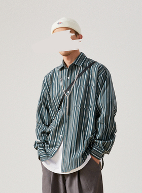 DRINK LIFE长袖衬衫男新款秋冬纯棉美式复古条纹宽松休闲日系春季