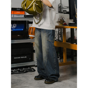 男宽松弯刀拖地长裤 复古水洗做旧牛仔裤 子男女 LIFE美式 DRINK