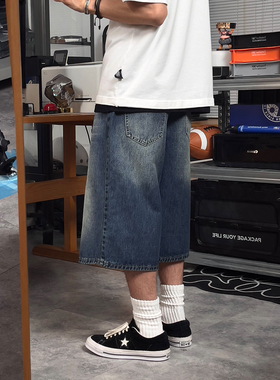 DRINK LIFE 夏季美式复古做旧水洗牛仔短裤宽松直筒休闲7分裤男女