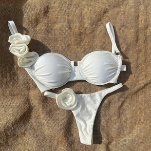 泳衣 2024新款 bikini欧美比基尼纯色钢托立体花朵分体女士泳装