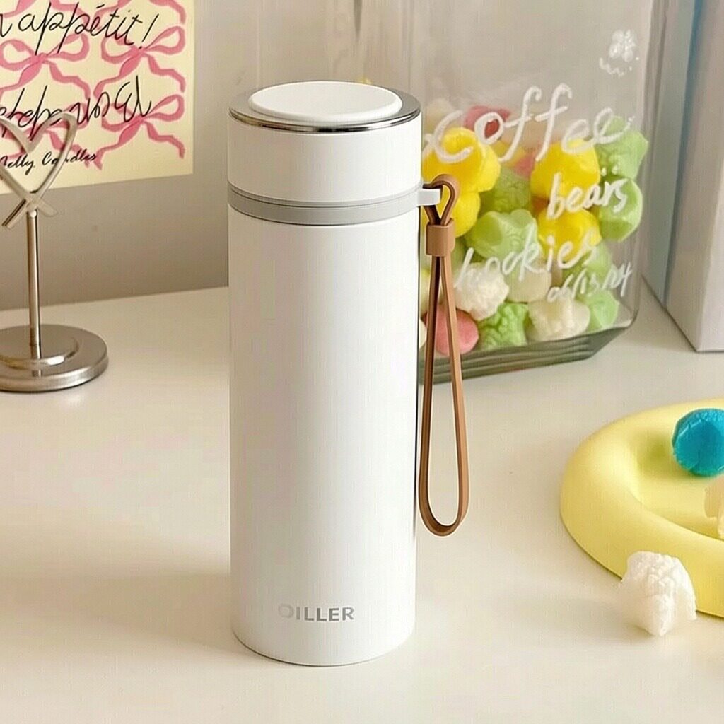 简约便携保温杯手绳极简学生茶水分离办公杯高颜值大容量白色杯子