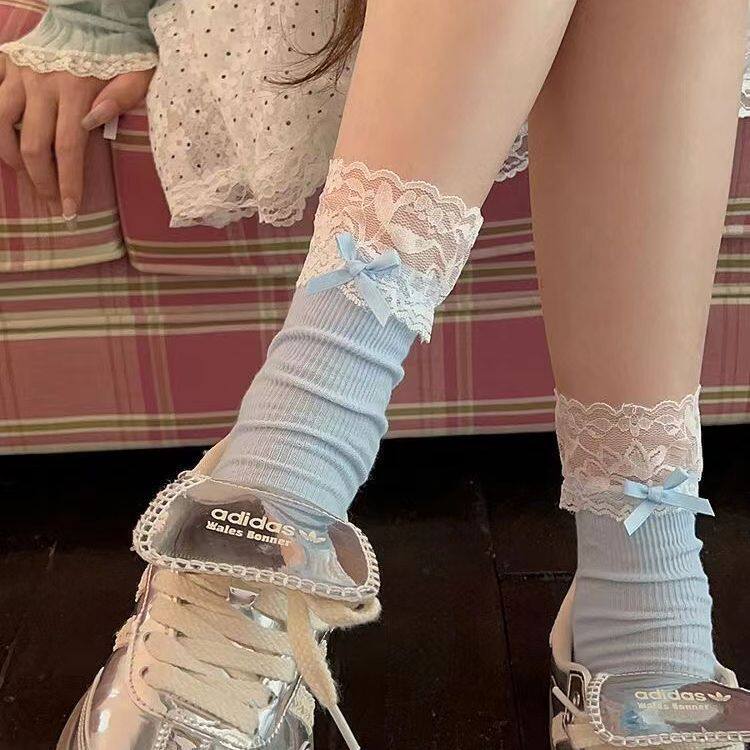 蕾丝花边袜子jk蝴蝶结miu里miu气芭蕾风女堆堆袜搭配玛丽珍小皮鞋