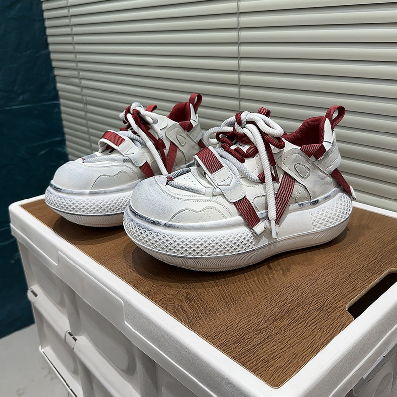 2026春真皮厚底小胖丁面包鞋女擦色做旧小个子增高运动休闲老爹鞋