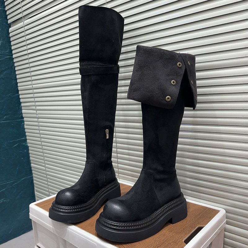 英伦风两穿翻折厚底长筒靴女2026冬季新款黑色粗跟过膝骑士靴保暖,女鞋,马丁靴,淘宝优惠券,粉丝福利购,淘宝优惠卷