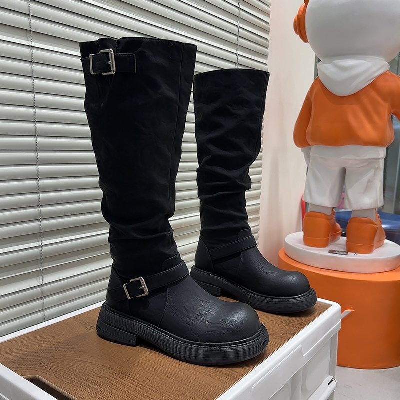 2025秋冬新品厚底高筒长靴皮带扣简约休闲不过膝骑士靴显瘦百搭女
