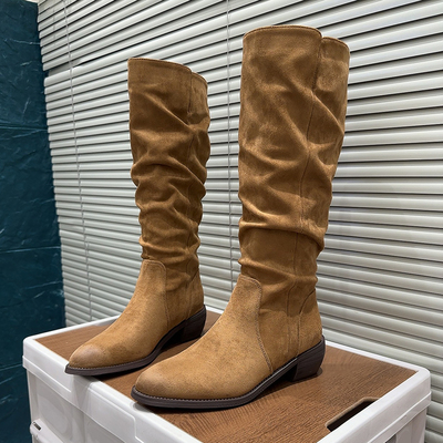 复古褶皱高筒靴女粗跟时尚堆堆靴秋冬气质显瘦不过膝女加绒骑士靴