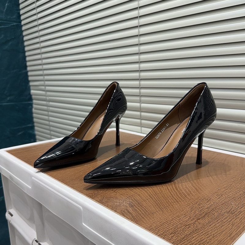 法式尖头漆皮低帮浅口单鞋女细跟高跟鞋气质通勤鞋百搭舒适不累脚