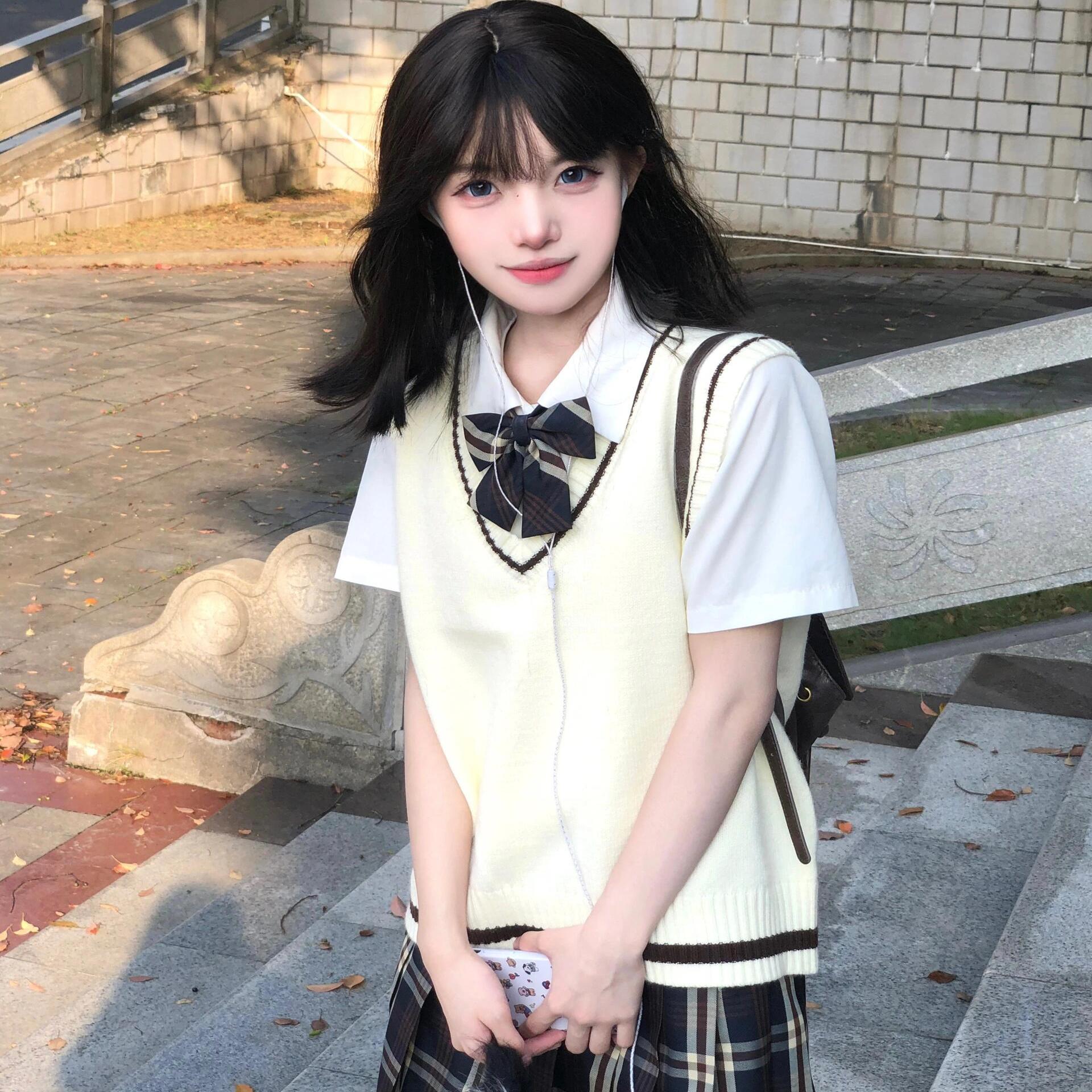 基础款原创校供感jk制服短袖衬衣叠穿拼色背心大棕格裙百搭套装女