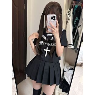 日系JK制服原创学院风正统水手服三本中间基础短袖衬衫百褶裙套装
