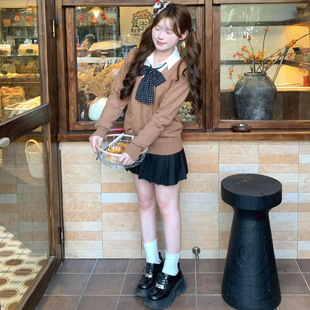 套装 奶味樱桃 外套百褶裙衬衫 毛衣女秋冬长袖 jk制服驼色针织开衫
