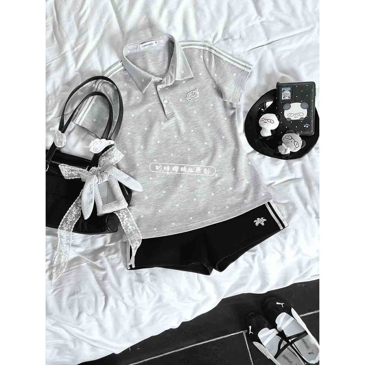 日系JK制服新款灰色体操服收腰polo衫上衣女休闲短袖短裤学院套装