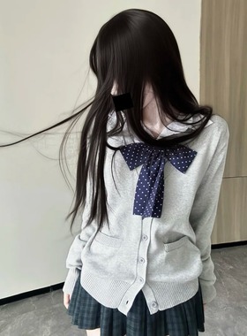 浅灰色针织开衫毛衣外套女学生秋冬校供格裙百褶裙长袖jk制服套装