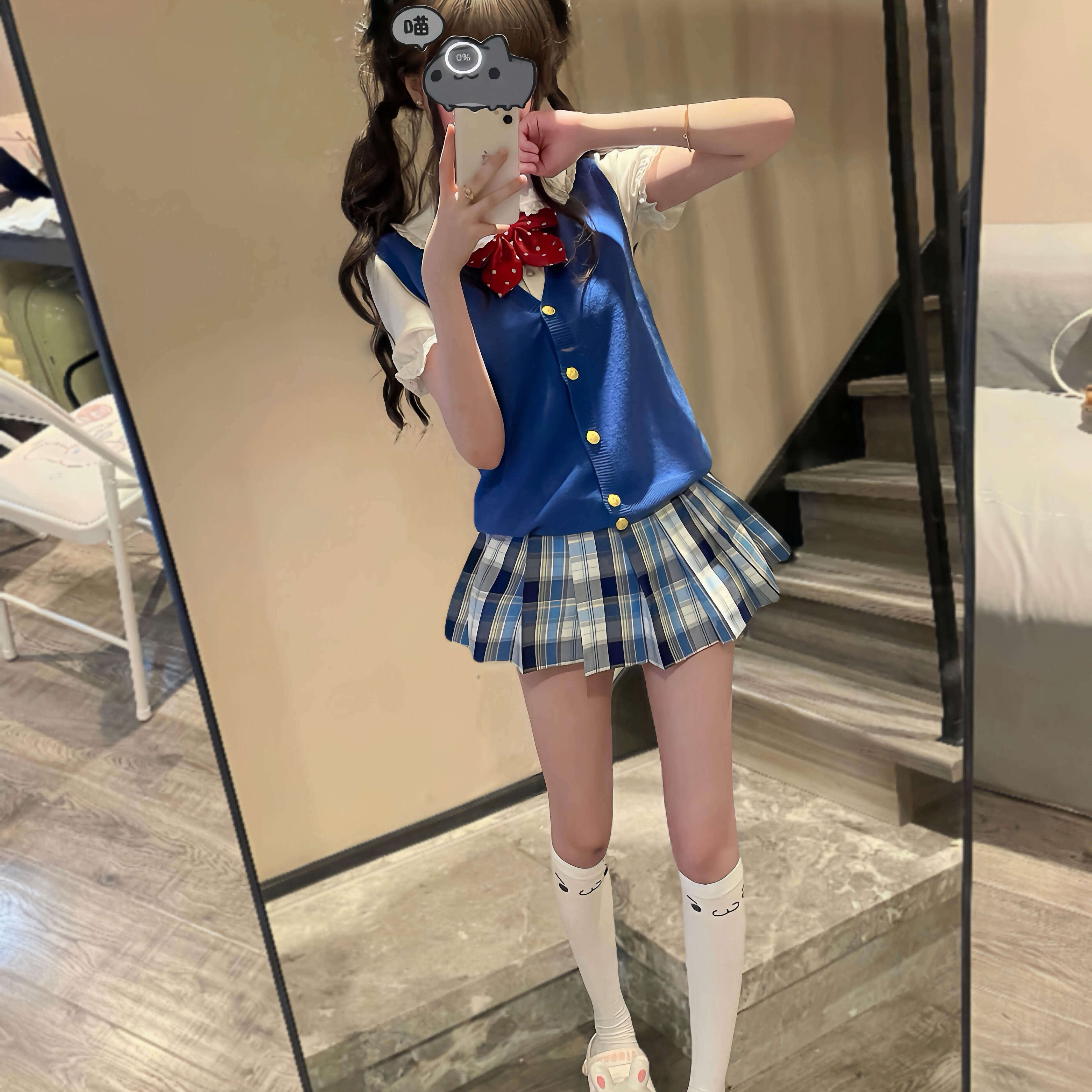 气泡水jk正版格裙短裙软妹学院风宝蓝色针织开衫背心马甲一整套装