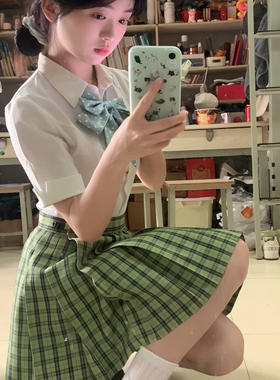 小青梅jk绿格裙百褶裙子校供感